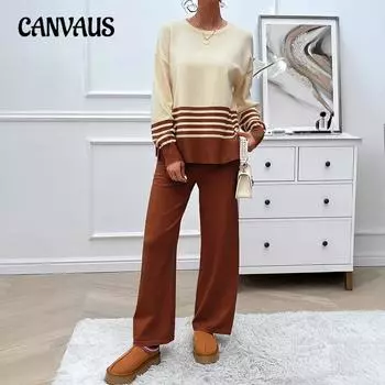 Осенне-зимний женский брючный костюм, повседневный, свободный, сочетание цветов, прямой, с длинным рукавом, свитер, брюки, свитер S чёрный