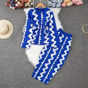 Осенне-зимний женский дизайнерский вязаный свитер с принтом, комплект из двух предметов, пуловер с длинными рукавами и облегающая юбка-футляр One Size хаки