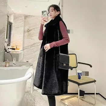 Осенне-зимний женский длинный кожаный жилет из натуральной шерсти, куртка, молодая черная синель S чёрный