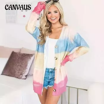 Осенне-зимний женский длинный мягкий вязаный свитер с цветными блоками и принтом, кардиган с V-образным вырезом и пуговицами, длинный рукав S