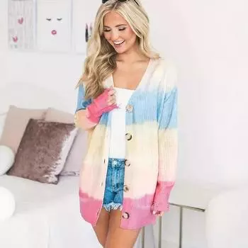 Осенне-зимний женский длинный мягкий вязаный свитер с цветными блоками и принтом, кардиган с V-образным вырезом и пуговицами, длинный рукав S