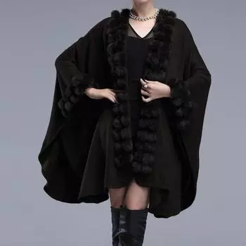 Осенне-зимний женский длинный вязаный кардиган, свитер, модная шаль из искусственного меха, накидка, пальто, пончо кофейный