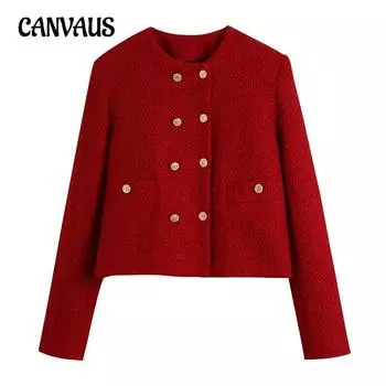 Осенне-зимний женский фактурный двубортный пиджак с круглым вырезом XS красный