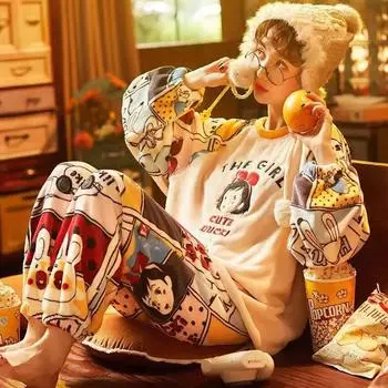 Осенне-зимний женский фланелевой сладкий и милый пижамный костюм с принтом, свободная верхняя одежда из кораллового флиса, пижамная вечеринка XXXL