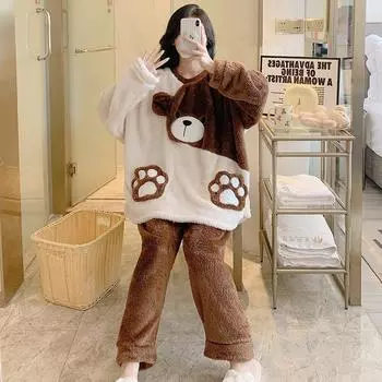 Осенне-зимний женский фланелевый пижамный комплект с милым принтом медведя, большой размер, комплект домашней одежды, пижамы для девочек, женские пижамы M