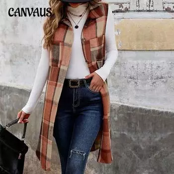 Осенне-зимний женский кардиган без рукавов с лацканами, жилет средней длины в стиле ретро с перекрестной клеткой S