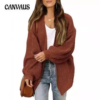 Осенне-зимний женский кардиган больших размеров с длинными рукавами и рукавами-фонариками, объемный свитер из трикотажной пряжи S кофейный
