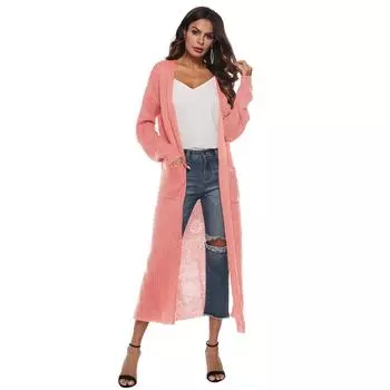 Осенне-зимний женский кардиган, длинный тонкий свитер с прорезными карманами S розовый