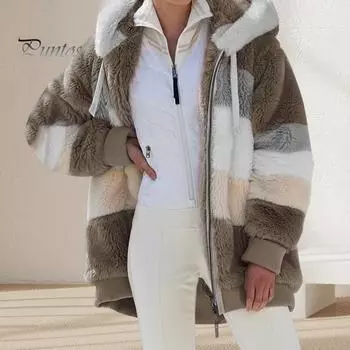 Осенне-зимний женский кардиган, пальто, утолщенный плюшевый воротник с капюшоном, завязками на шнурке, свободный, ветрозащитный, цветные блоки, пэчворк, длинные рукава, кардиган, куртка M чёрный