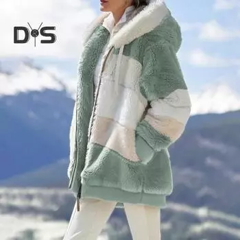 Осенне-зимний женский кардиган, пальто, утолщенный плюшевый воротник с капюшоном, завязками на шнурке, свободный, ветрозащитный, цветные блоки, пэчворк, длинные рукава, кардиган, куртка L фиолетовый