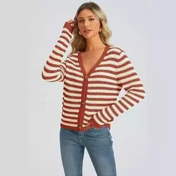 Осенне-зимний женский кардиган с длинными рукавами и яркими полосками S