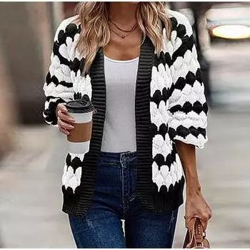 Осенне-зимний женский кардиган с рукавами-фонариками и открытым передом, полосатый цветной блок, свободная вязка, пальто S абрикосовый/коричневый