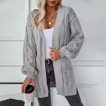 Осенне-зимний женский кардиган средней длины с V-образным вырезом и переплетенными краями, однотонный свитер для женщин S