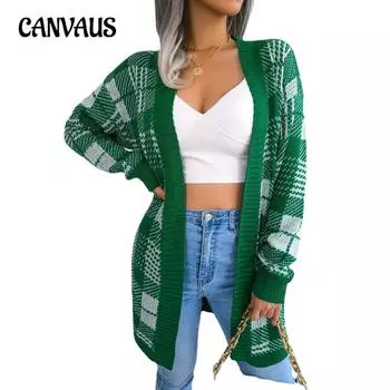 Осенне-зимний женский кардиган, свитер в клетку, с рукавами-фонариками, повседневный кардиган, свитер, верхний топ S хаки