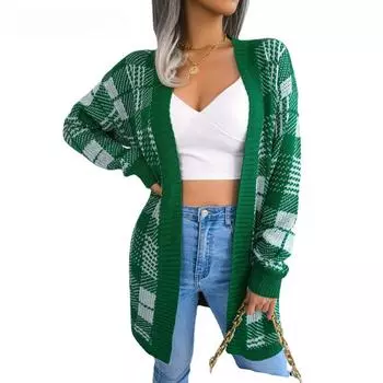 Осенне-зимний женский кардиган, свитер в клетку, с рукавами-фонариками, повседневный кардиган, свитер, верхний топ S хаки