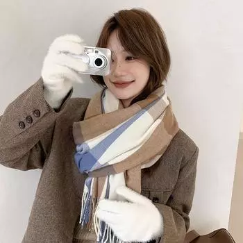 Осенне-зимний женский клетчатый шарф из искусственного кашемира, новый теплый модный платок для шеи с милым ветром 200*70cm