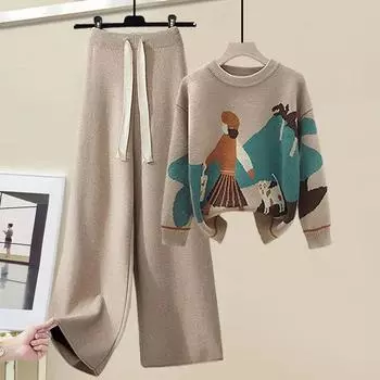 Осенне-зимний женский комплект большого размера, вязаный свитер, женские свободные и утягивающие повседневные брюки, комплект из двух предметов L чёрный