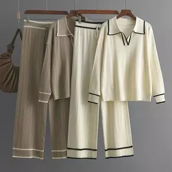 Осенне-зимний женский комплект из 2 предметов, трикотажный спортивный костюм, свитер с воротником-поло и прямые спортивные штаны, женские наряды, пуловер One Size бежевый