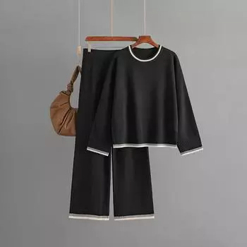 Осенне-зимний женский комплект из 2 предметов, трикотажный спортивный контрастный цвет, топ с круглым вырезом и эластичные прямые брюки с высокой талией, женский повседневный костюм One Size чёрный