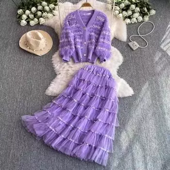 Осенне-зимний женский комплект из двух предметов, небольшой ароматный трикотажный кардиган с V-образным вырезом, свитер, пальто и длинная юбка из ниспадающей сетки с пайетками S розовый