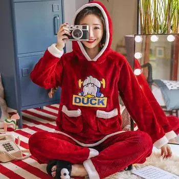 Осенне-зимний женский комплект пижамы из красной фланели, пижамный комплект из плотного флиса, теплые домашние костюмы с капюшоном и штаны M