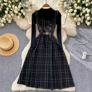 Осенне-зимний женский комплект свитер-платье, повседневный вязаный пуловер, топы + клетчатое твидовое платье, наряды из 2 предметов, женский с поясом S