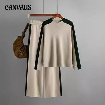 Осенне-зимний женский комплект свитера с воротником до середины шеи, модный топ с длинными рукавами и брюки, комплект из двух предметов One Size чёрный