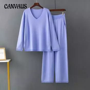 Осенне-зимний женский комплект свитеров, однотонный модный свободный свитер с v-образным вырезом и высокой талией, комплект из двух предметов One Size синий