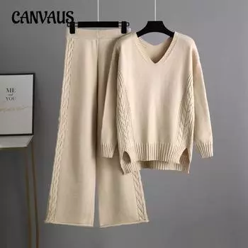 Осенне-зимний женский комплект свитеров, трикотажные широкие брюки, комплект свитера, свободный толстый модный темпераментный комплект из двух предметов One Size