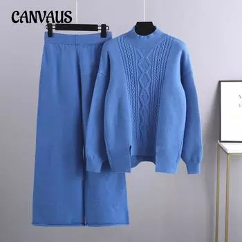 Осенне-зимний женский комплект свитеров, вязаный утолщенный свободный свитер с высоким воротом, широкие брюки, комплект из двух предметов