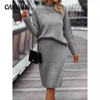 Осенне-зимний женский костюм больших размеров с длинным рукавом и полувысоким воротом и юбкой S чёрный