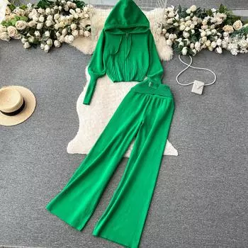 Осенне-зимний женский костюм, однотонный комплект из двух предметов, трикотажное пальто с капюшоном на молнии + брюки с высокой талией, повседневные комплекты One Size чёрный