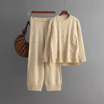 Осенне-зимний женский костюм, свободный свитер с высоким воротником, однотонный трикотажный свитер с длинными рукавами и широкими штанинами, комплект из двух предметов One Size серый