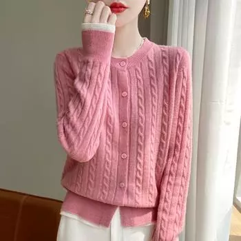 Осенне-зимний женский круглый вырез, цветной кардиган с имитацией двух кардиганов, свободный переплетенный кашемировый свитер, вязаный топ XXL бежевый/белый