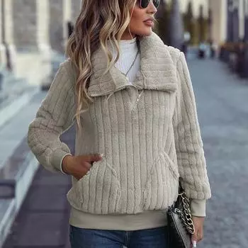 Осенне-зимний женский круглый вырез с длинным рукавом пуловер на молнии повседневный плюшевый свитер S абрикосовый