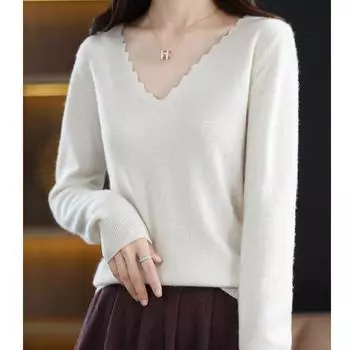 Осенне-зимний женский кружевной V-образный вырез с длинными рукавами Темпераментный универсальный пуловер Внутренний трикотаж S трава зеленый