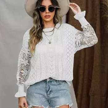 Осенне-зимний женский кружевной вязаный свитер с потайной вязкой XXL белый