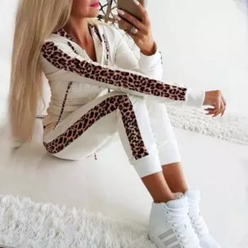 Осенне-зимний женский леопардовый принт, свитер, брюки, молния, костюм размера плюс 3XL белый