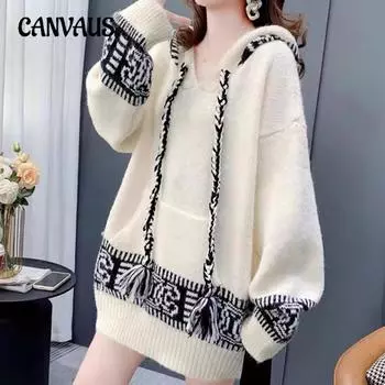 Осенне-зимний женский литературный ретро-свитер с капюшоном, вязаный свитер, свободный ленивый стиль, жаккардовый свитер One Size чёрный