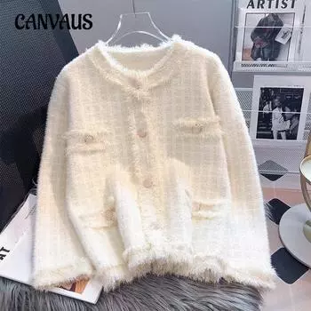 Осенне-зимний женский маленький парфюмерный стиль «Тысяча птиц» в клетку, свитер, пальто, имитация бахромы из норки, темперамент, вязаный кардиган с длинными рукавами One Size бежевый