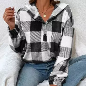 Осенне-зимний женский модный фланелевой клетчатый свитер с полуоткрытым воротником и пряжкой для ногтей, плюшевый свитер с капюшоном XL чёрный