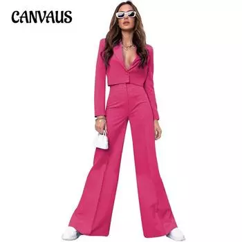 Осенне-зимний женский модный однотонный костюм с короткими рукавами и длинными рукавами, модный костюм с широкими брюками и высокой талией S тёмно-синий