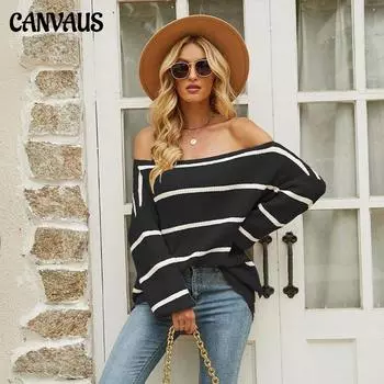 Осенне-зимний женский модный полосатый вязаный пуловер с длинными рукавами и открытыми плечами.