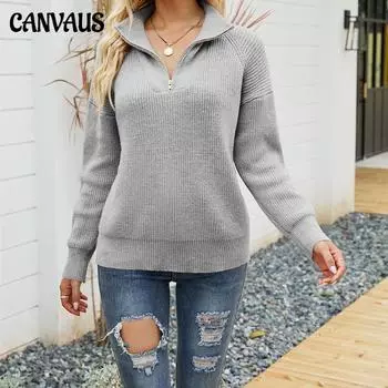 Осенне-зимний женский модный полосатый вязаный свитер с длинными рукавами и застежкой-молнией с лацканами S серый