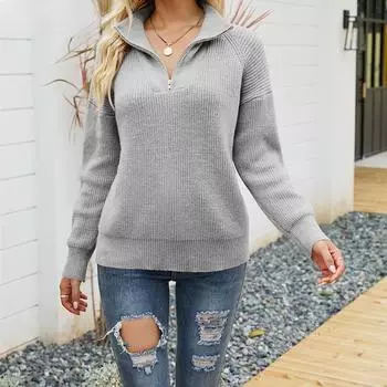 Осенне-зимний женский модный полосатый вязаный свитер с длинными рукавами и застежкой-молнией с лацканами S серый