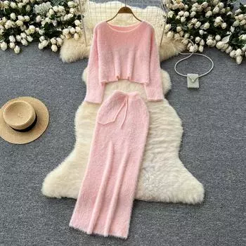 Осенне-зимний женский мягкий мохеровый вязаный свитер из двух частей, короткий пуловер и длинная облегающая юбка-футляр средней длины One Size розовый