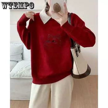 Осенне-зимний женский мультяшный воротник-поло зимний вязаный свитер топ стильный женский свитер S розовый