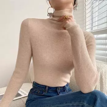 Осенне-зимний женский облегающий свитер с высоким воротом и трикотажной блузкой внутри M