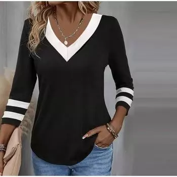 Осенне-зимний женский облегающий топ с длинным рукавом, повседневные черные и белые цветные блокированные топы с V-образным вырезом для женщин, для поездок на работу S чёрный