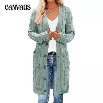 Осенне-зимний женский однобортный свитер с карманами-перевертышами, длинный, однотонный, трикотажный кардиган, куртка S жёлтый